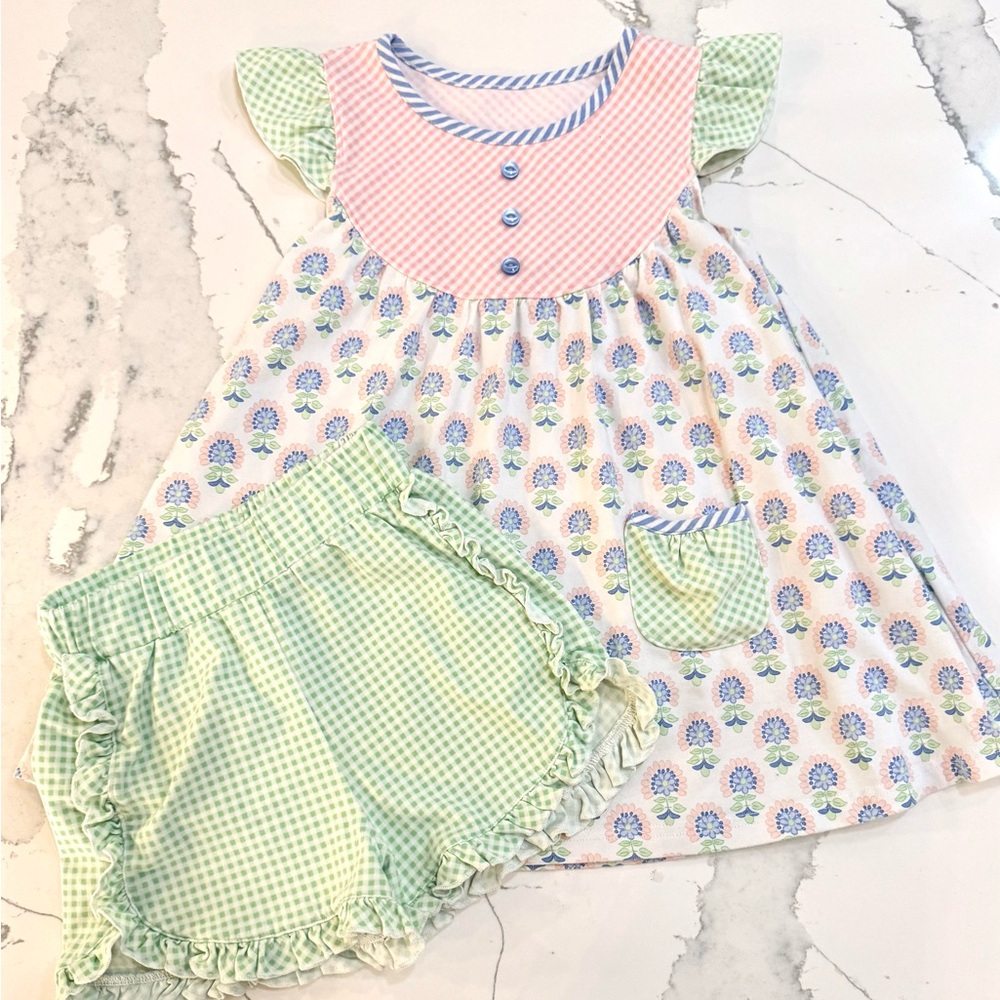 Shrimp & Grits Kids 7/8 Charming Kids Matching Set with Green and Pink Accents